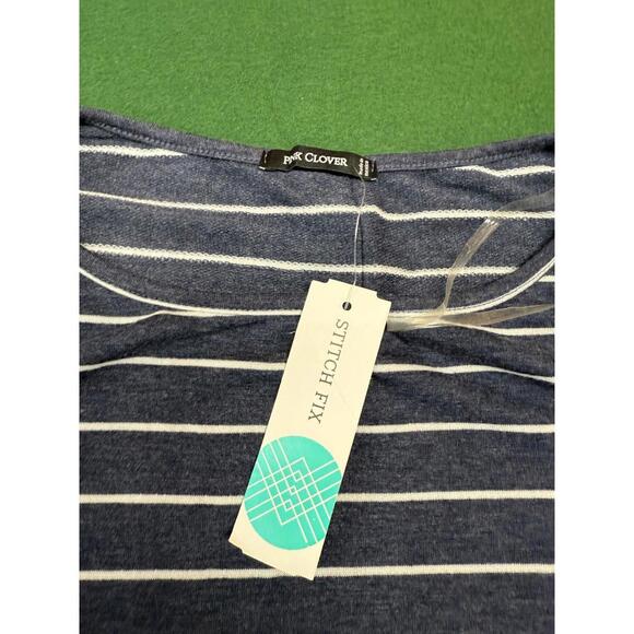 Pink Clover Top Womens L Navy White Stripe Short Sleeve Crewneck Button Back NWT - Picture 3 of 8